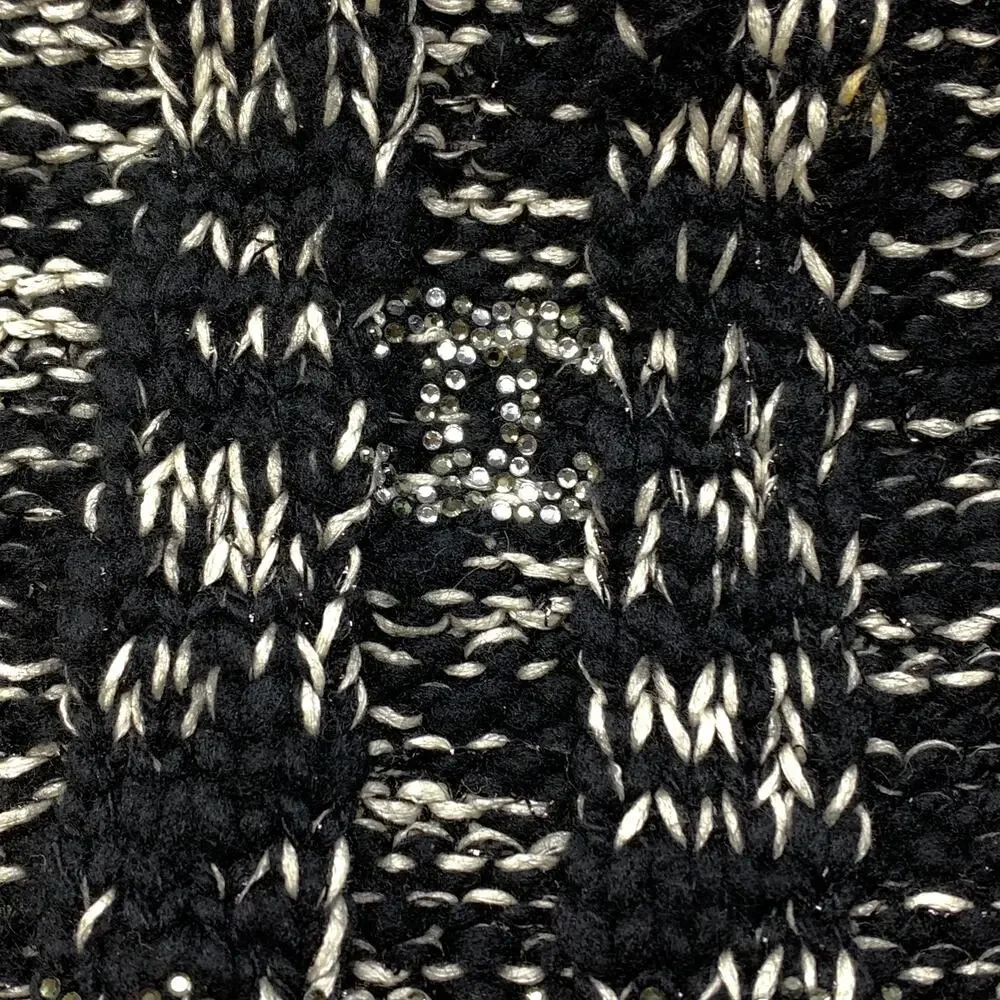 Chanel Scarf Rhinestone Details Wool Cashmere Silk Black White Silver CC Logo - Picture 4 of 6